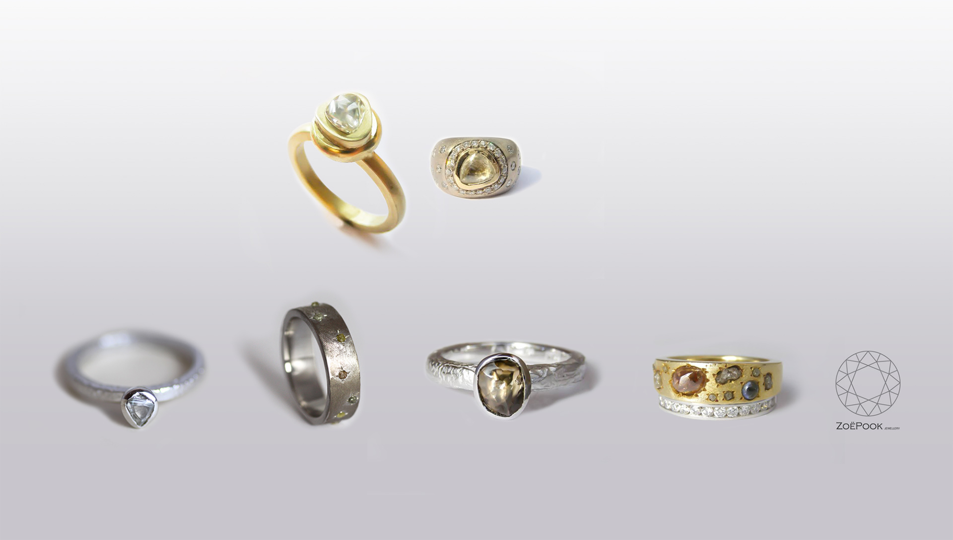 These designs draw on the rough’s natural crystal character, creating totally individual modern pieces of jewellery